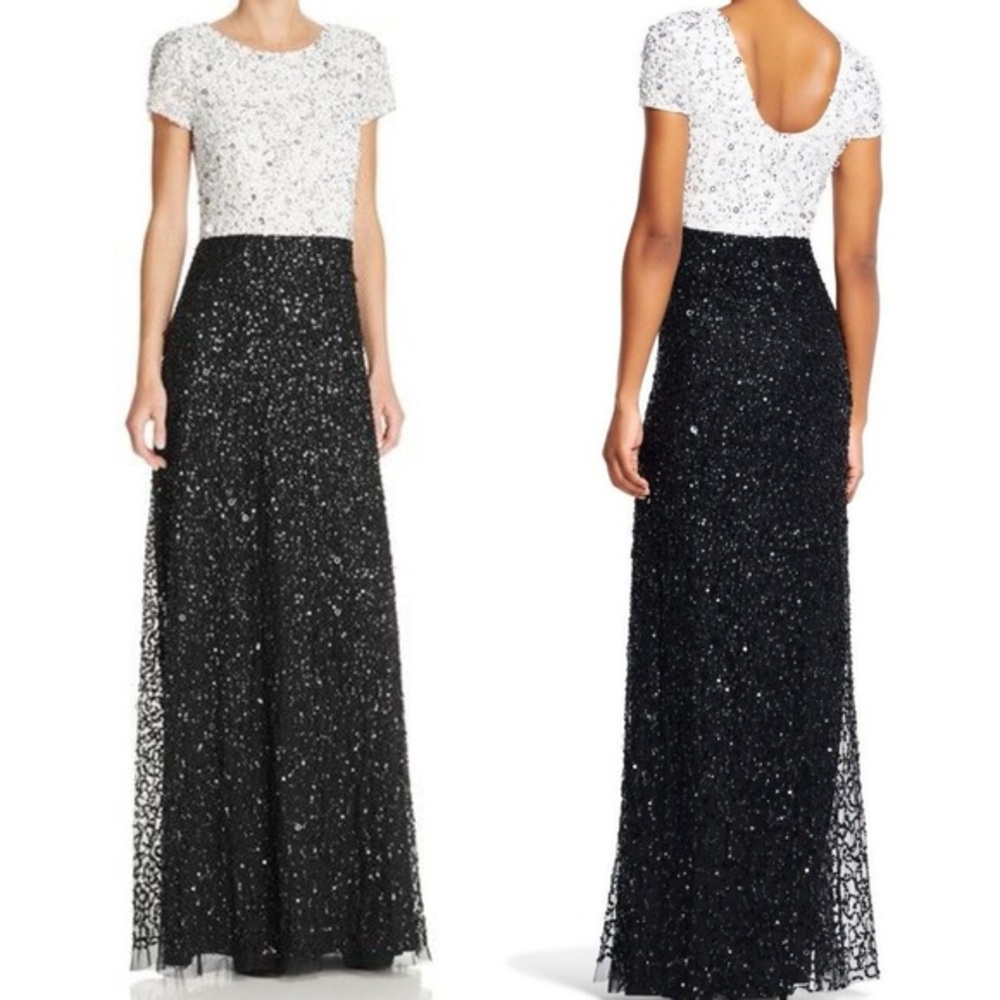 Adrianna‎ Papell Sequin Beaded Colorblock Mermaid Gown Size 8 Petite Ivory Black